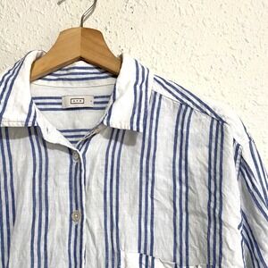 AYR Blue White Striped 100%Linen Button Down Shirt Women Large wardrobe capsule